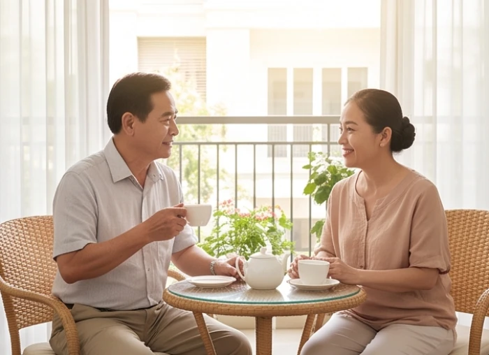 Vợ chồng cao tuổi tuổi Nhâm Dần cùng thư giãn ban mai thể hiện sự cởi mở và gắn kết xế chiều