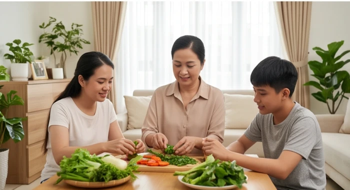 Người lớn tuổi sắp xếp tài liệu gọn gàng và chia sẻ công việc với người thân tại phòng khách