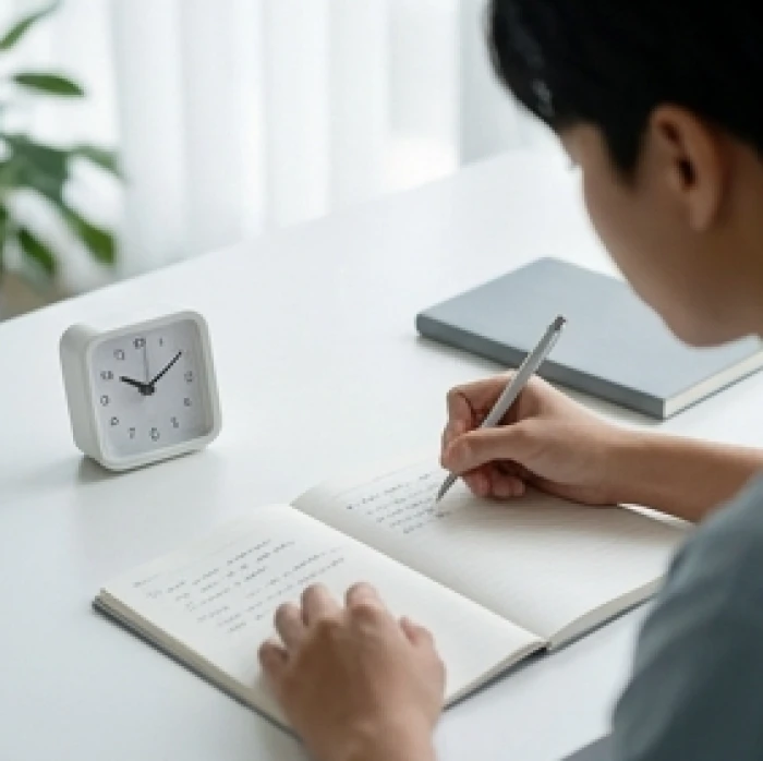 Chàng trai Bính Tý ghi chép kế hoạch và đặt đồng hồ hẹn giờ trên bàn để kiểm soát suy nghĩ và giảm căng thẳng