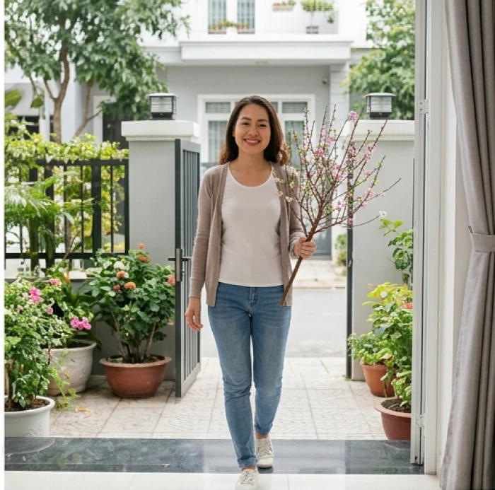 Vị khách với nụ cười rạng rỡ mang theo cành lộc xuân bước vào cửa nhà trong ngày mùng một Tết