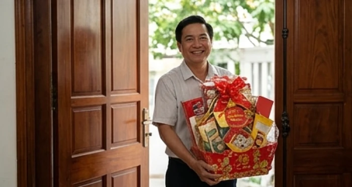 Người khách trung niên cười tươi rạng rỡ ôm một giỏ quà Tết bước qua bậc cửa gỗ