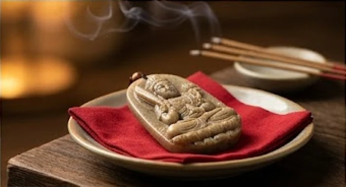 Lễ an vị mặt Phật bản mệnh trên đĩa lót vải đỏ trang nghiêm tại gia