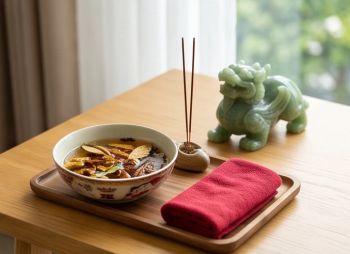 Bàn lễ khai quang điểm nhãn linh vật với nước ngũ vị hương ấm, khăn lụa đỏ và nhang trầm trang nghiêm