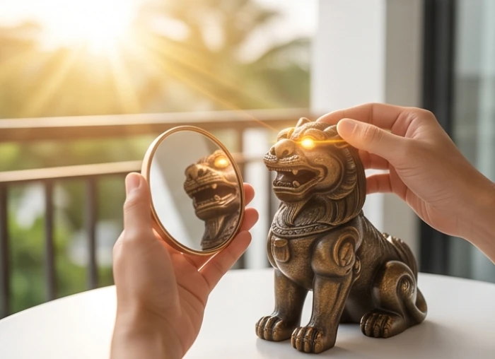 Thực hiện nghi thức dùng gương nhỏ phản chiếu ánh nắng mặt trời vào mắt tượng linh vật phong thủy