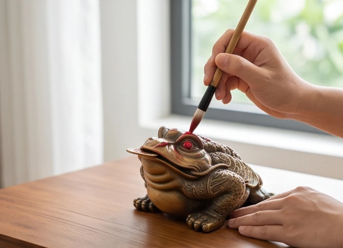 Nghi thức khai quang điểm nhãn tượng thiềm thừ bằng bút lông chấm chu sa tại phòng khách yên tĩnh