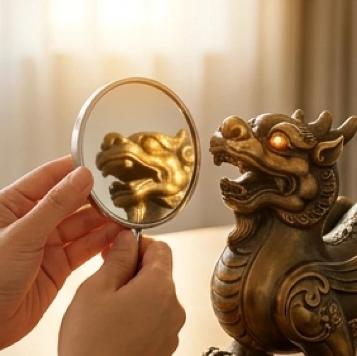 Bàn tay người đang dùng một chiếc gương tròn nhỏ để phản chiếu ánh nắng mặt trời vào mắt linh vật phong thủy