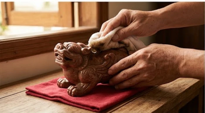 Đôi bàn tay cẩn thận dùng chiếc khăn bông mới nhúng nước ngũ vị để lau chùi bức tượng Tỳ Hưu