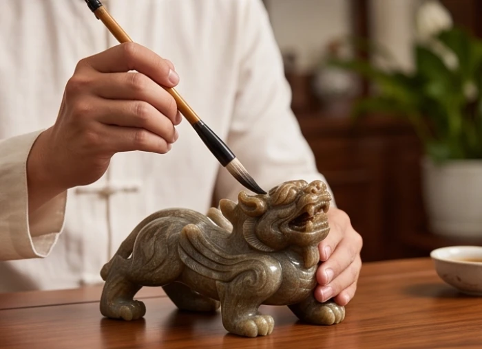 Dùng bút lông sạch chấm nước trà đặc để điểm nhãn khai quang cho tượng tỳ hưu tại bàn thờ gia tiên