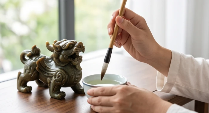 Nghi thức dùng bút lông mới chấm nước chè điểm nhãn khai quang cho tượng Tỳ Hưu đồng trên bàn sạch