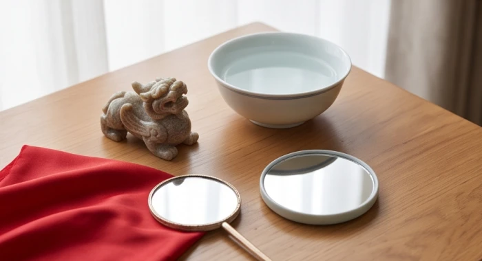 Tượng tỳ hưu đá đặt cạnh chén nước âm dương cùng chiếc khăn lụa đỏ trong nghi thức khai quang