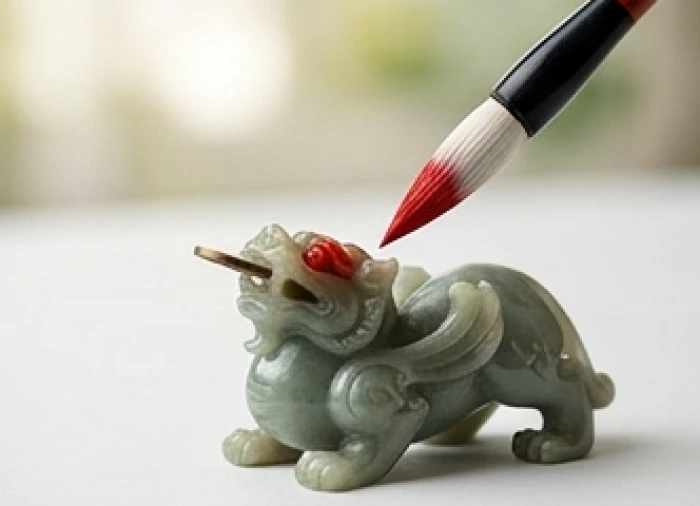 Chiếc bút lông mới chấm mực chu sa đỏ chuẩn bị điểm nhãn cho tượng Tỳ Hưu