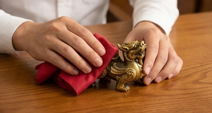 Thực hiện nghi thức dùng khăn đỏ sạch lau khô tượng tỳ hưu sau khi tẩy uế bằng nước tự nhiên
