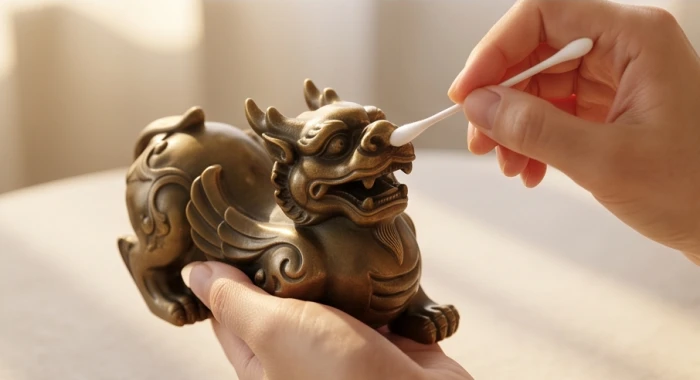 Gia chủ dùng tăm bông sạch chấm nước chè đặc để điểm nhãn cho linh vật Tỳ Hưu