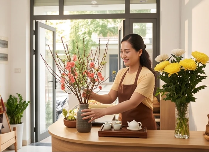 Chủ cửa hàng chỉnh tề làm lễ khai trương đón tài lộc vào buổi sáng mùa xuân trong không gian ấm cúng