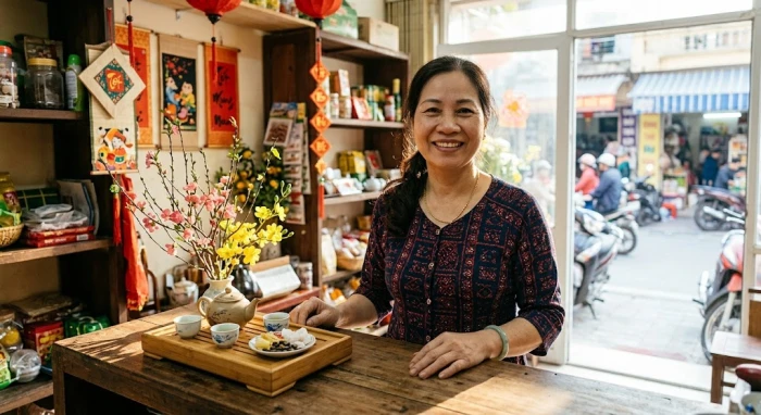 Chủ cửa hàng niềm nở đón khách xông đất mở hàng đầu năm mới với mâm quả tươi thắm trên bàn