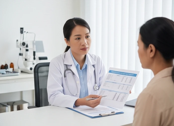 Bác sĩ chuyên khoa trao đổi và kiểm tra chỉ số sức khỏe nội tiết cho bệnh nhân nữ