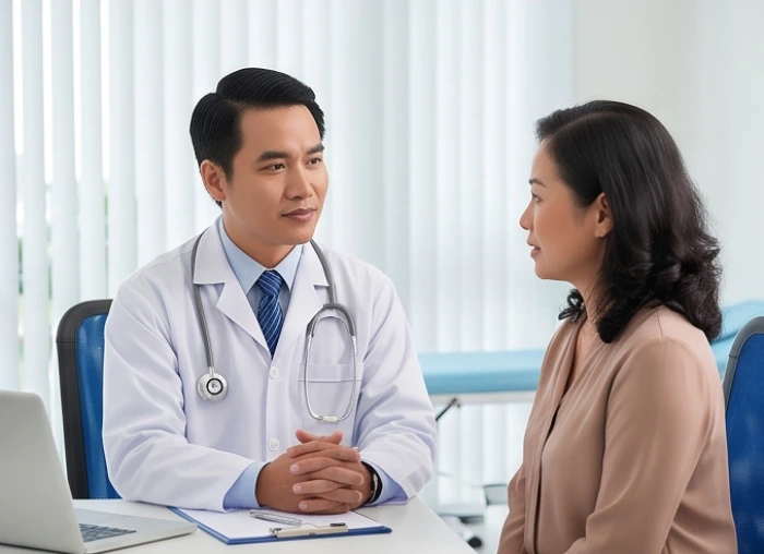 Bác sĩ chuyên khoa đang kiểm tra sức khỏe và tận tình tư vấn cho một bệnh nhân nữ