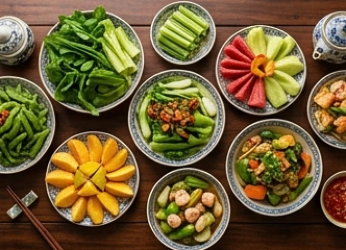 Mâm cơm dinh dưỡng nhiều rau xanh và hoa quả tươi hỗ trợ tăng cường hệ miễn dịch tự nhiên