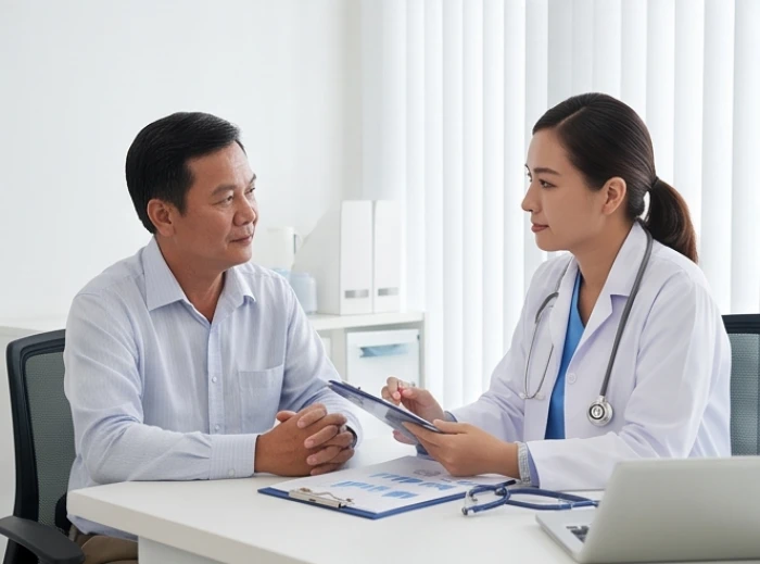 Bệnh nhân trải qua buổi thăm khám sức khỏe tổng quát định kỳ và nhận tư vấn trực tiếp từ bác sĩ tại bệnh viện hiện đại