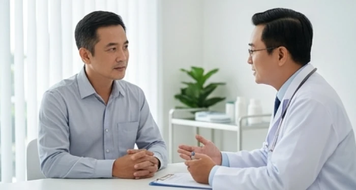 Người đàn ông trung niên được bác sĩ tư vấn sức khỏe tổng quát định kỳ bảo vệ chức năng tiêu hóa