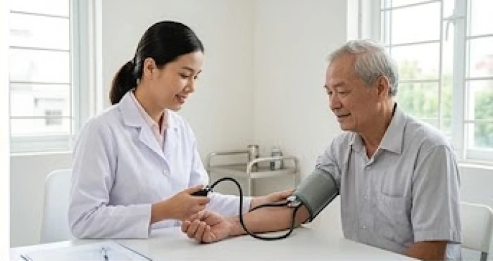 Bác sĩ đang đo huyết áp cho một người đàn ông lớn tuổi để kiểm tra sức khỏe định kỳ
