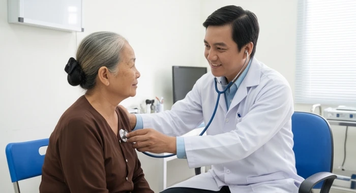 Bác sĩ chuyên khoa đang đo huyết áp và thăm khám sức khỏe định kỳ cho bệnh nhân lớn tuổi tại phòng khám
