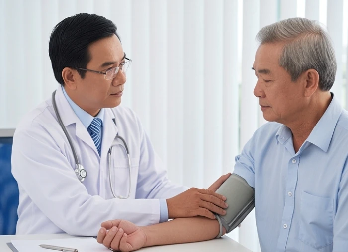 Bác sĩ ân cần kiểm tra sức khỏe và tư vấn chỉ số huyết áp cho người cao tuổi