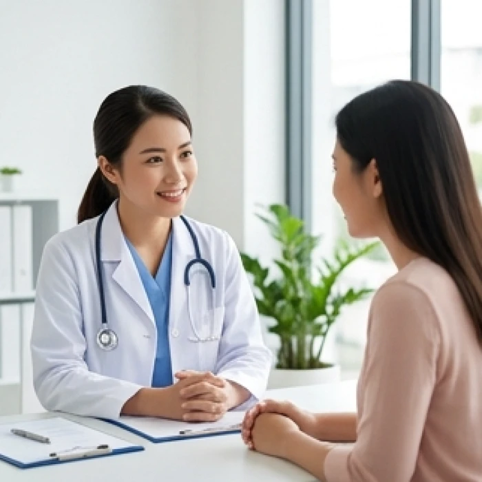 Bác sĩ tận tình tư vấn sức khỏe cho một người phụ nữ trong phòng khám y tế trang bị cơ sở vật chất hiện đại
