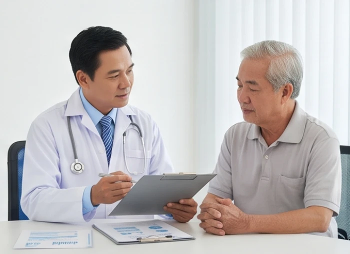 Bác sĩ chu đáo tư vấn kết quả tầm soát sức khỏe tổng quát cho nam bệnh nhân Nhâm Dần tại phòng khám chuyên khoa tim mạch