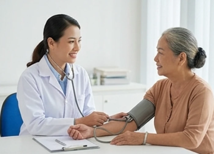 Bác sĩ đang đo huyết áp và tư vấn tận tình cho người phụ nữ lớn tuổi trong một buổi kiểm tra y tế định kỳ