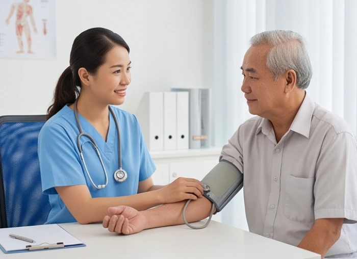 Chuyên gia y tế đang kiểm tra huyết áp cho người cao tuổi trong căn phòng sáng sủa
