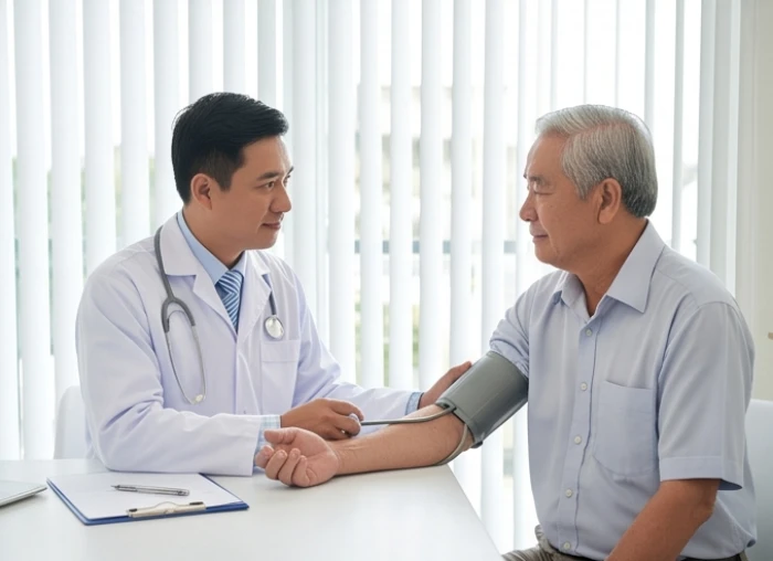 Bác sĩ chuyên khoa thăm khám định kỳ và đo huyết áp cho cụ ông tuổi Mậu Tý trong không gian y tế sáng sạch