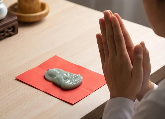Chắp tay thành kính khấn nguyện trước mặt phật bản mệnh đặt trên đĩa lót giấy đỏ trang trọng