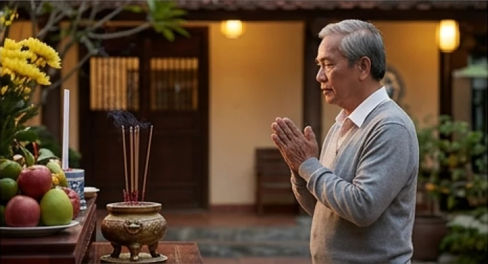 Bác trai 73 tuổi thành tâm thắp hương khấn nguyện giải hạn Thái Bạch vào giờ Tuất tối rằm