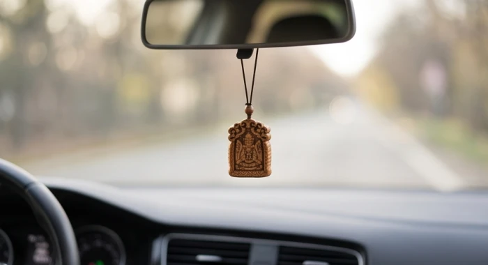 Khánh treo bình an bằng gỗ tự nhiên đung đưa nhẹ nhàng trước gương chiếu hậu bên trong khoang lái xe ô tô