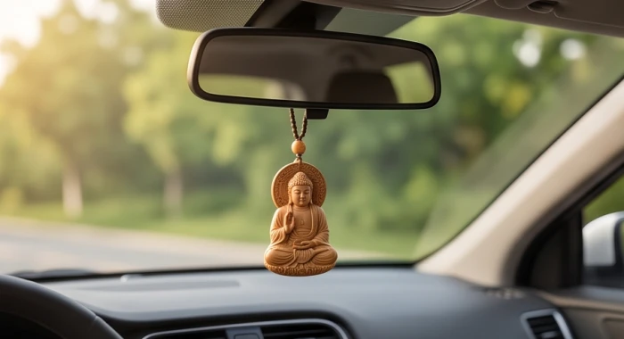Khánh treo ô tô tượng Phật bản mệnh bằng gỗ tự nhiên nhỏ gọn được gắn chắc chắn trên khu vực lái xe