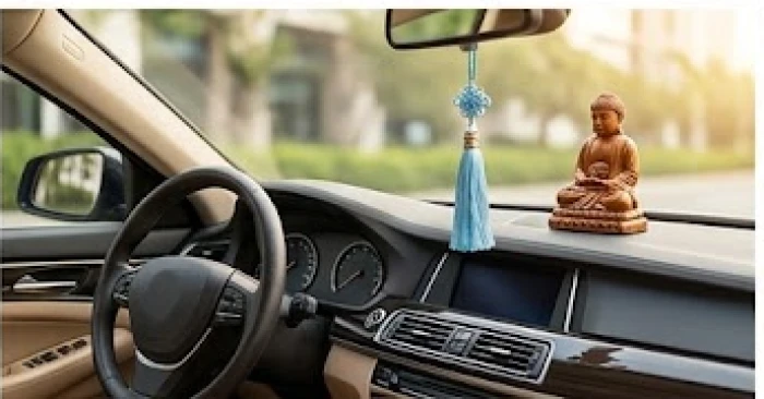 Vật phẩm phong thủy khánh treo màu xanh biển và tượng trầm hương trên taplo hóa giải xung khắc màu xe