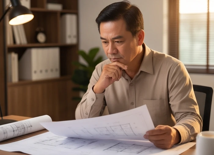Một người đàn ông đang xem xét kỹ lưỡng các bản thiết kế dự án trong không gian làm việc hiện đại.