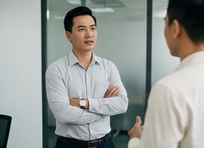 Người đàn ông khoanh tay giữ khoảng cách trong cuộc trò chuyện với đồng nghiệp