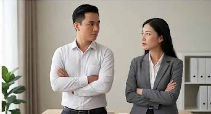 Hai người đang đứng khoanh tay quay lưng nhẹ vào nhau thể hiện sự bất đồng về quan điểm làm việc và lối sống