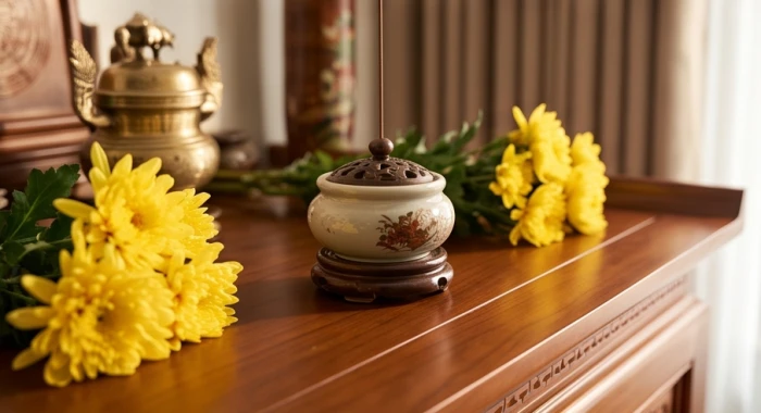 Bát hương bằng gốm sứ trang trọng đặt cách xa mép bàn thờ gỗ cùng bình hoa cúc vàng và mâm quả thanh tịnh