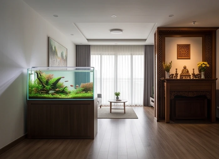 Bố trí bể cá thủy sinh trang nhã cách xa khu vực thờ cúng an toàn trên 1,5 mét giữ vững trường khí gia đạo