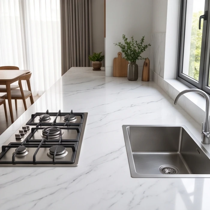 Bếp nấu và bồn rửa được đặt cách xa nhau trên bàn bếp bằng đá sáng màu vô cùng đẹp mắt