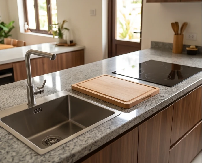Mặt bàn đá gian bếp bố trí khoảng cách 60cm ngăn cách an toàn giữa bếp nấu và khu vực chậu rửa