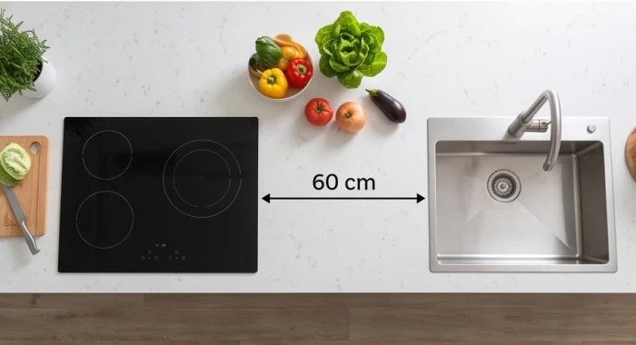 Bàn soạn đồ ăn mặt đá rộng 60cm ngăn cách giữa bếp nấu từ và bồn rửa chậu inox trong gian bếp