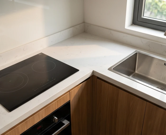 Bếp nấu và bồn rửa được đặt vuông góc trên hệ tủ chữ L để tránh xung khắc phong thủy