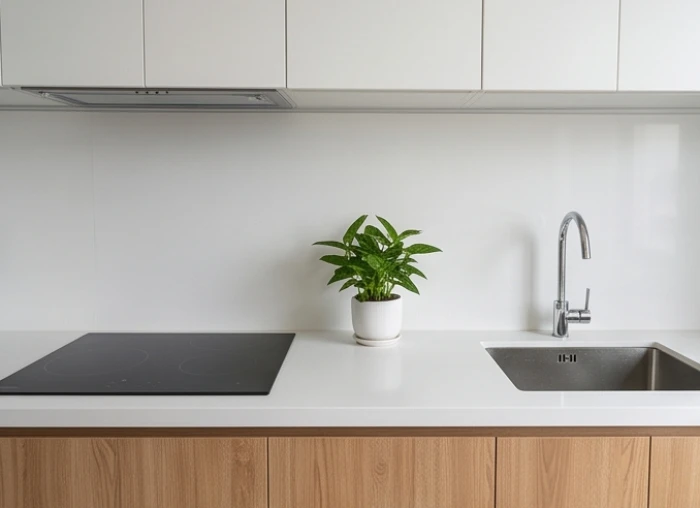 Gian bếp sang trọng bố trí chậu rửa cách xa bếp từ và đặt chậu cây xanh nhỏ ở giữa hợp phong thủy