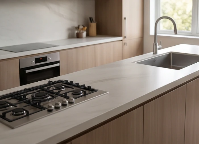Thiết kế mặt bếp hiện đại có khoảng cách rộng rãi giữa bếp nấu và bồn rửa chén tạo sự cân bằng