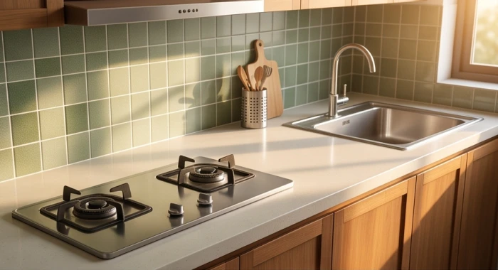 Bếp nấu và chậu rửa được bố trí cách xa nhau với mảng tường ốp gạch xanh lá làm khoảng đệm