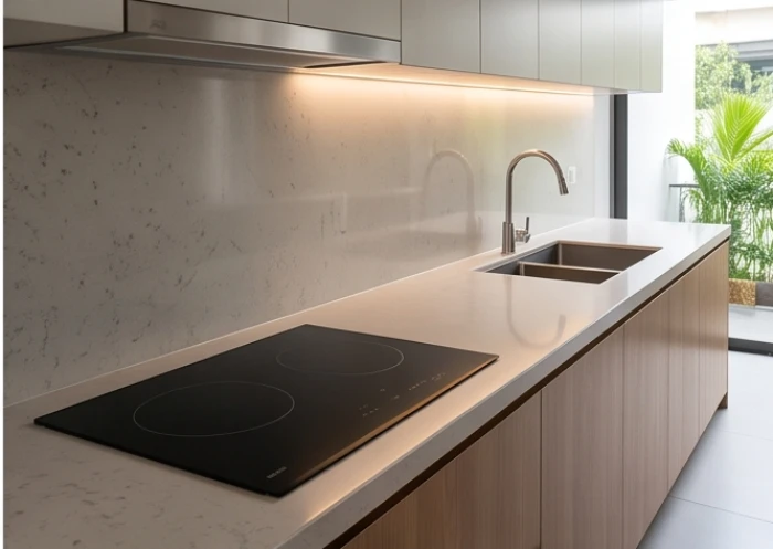 Bếp nấu và bồn rửa chén được bố trí cách xa nhau trên cùng một hệ tủ bếp bằng gỗ sang trọng